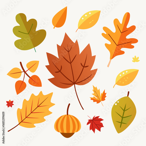 A collection of colorful autumn leaves and a pumpkin illustration