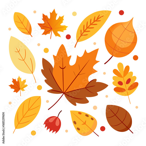 Vibrant autumn leaves collection with scattered dots and circles