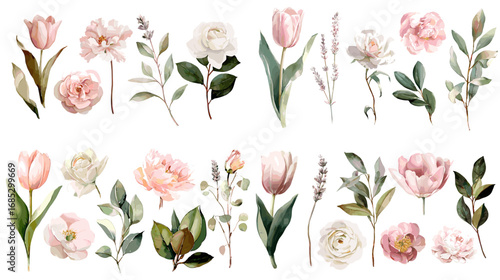 Watercolor illustration of pink flowers including tulips, roses, and peonies with green leaves. Perfect for floral design, wedding, and romantic decor themes.
