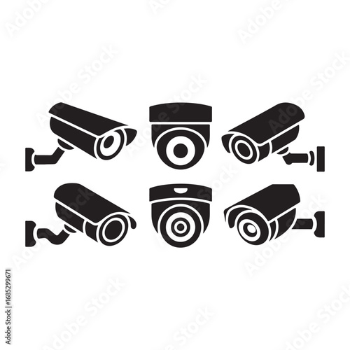 Six black security cameras silhouettes isolated on white for surveillance and safety systems vector