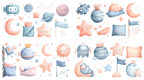 Watercolor illustration of cute space-themed elements including planets, stars, astronauts, and rockets. Perfect for children’s learning, fantasy, and cosmic design.