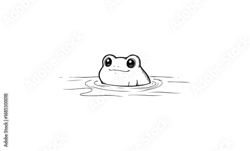 Cute frog sitting in pond with minimalist line art design. Vector retro hand drawn illustration