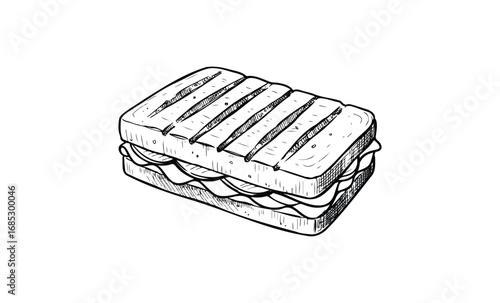 Hand-drawn grilled panini sandwich sketch with detailed crosshatch lines. Vector retro hand drawn illustration