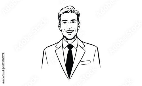 Smiling young caucasian male in suit illustration with tie and short hair. Vector retro hand drawn illustration