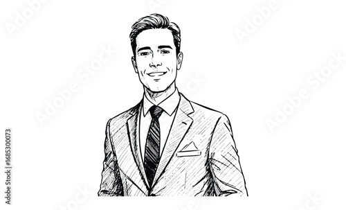 Sketch of smiling young caucasian male in suit with pocket square. Vector retro hand drawn illustration