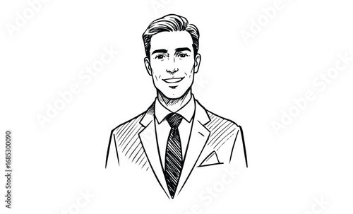 Illustrated young caucasian male in suit and tie smiling confidently. Vector retro hand drawn illustration