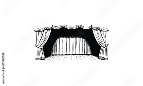 Monochrome theater stage with curtains and wooden floor. Vector retro hand drawn illustration