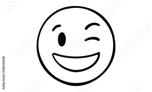 Winking smiley with open mouth expression in black and white. Vector retro hand drawn illustration