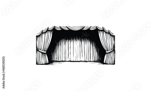 Elegant theater stage with dramatic curtains in black and white illustration. Vector retro hand drawn illustration