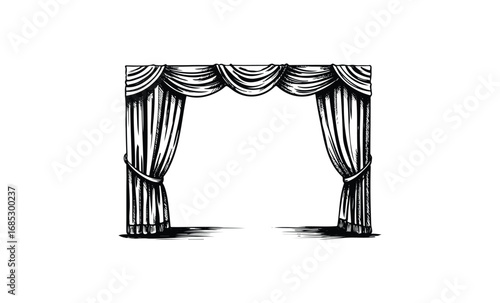 Empty stage with elegant theater curtains in black and white illustration. Vector retro hand drawn illustration