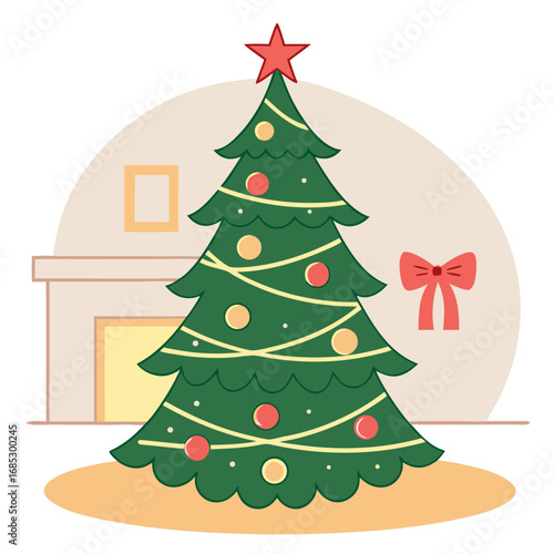 Christmas Tree Illustration: Festive scene depicts a vibrant Christmas tree adorned with twinkling lights and ornaments, radiating holiday cheer, perfect for evoking the joyous spirit of the season. 