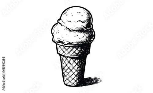 Hand-drawn ice cream cone sketch: classic sweet treat in detailed line art. Vector retro hand drawn illustration