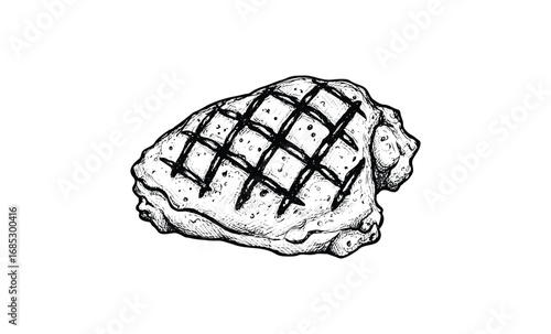 Grilled steak illustration with crosshatch pattern in black and white. Vector retro hand drawn illustration