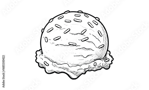 Sketch of a single ice cream scoop with sprinkles on a waffle cone. Vector retro hand drawn illustration