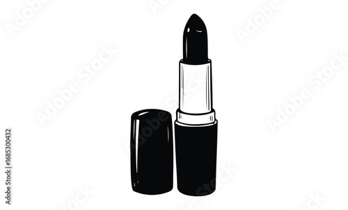 Monochrome illustration of a black lipstick with open cap. Vector retro hand drawn illustration
