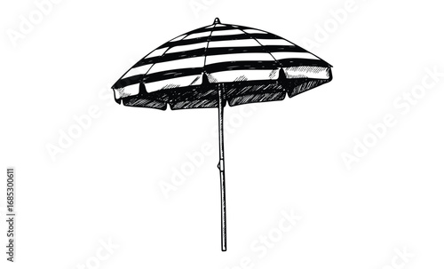 Monochrome striped beach umbrella illustration. Vector retro hand drawn illustration