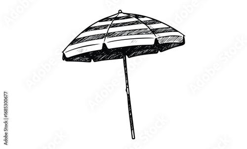 Striped beach umbrella illustration with hand-drawn design. Vector retro hand drawn illustration