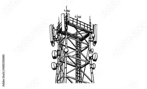 Black and white drawing of 4g and 5g cellular signal tower equipment with antennas. Vector retro hand drawn illustration