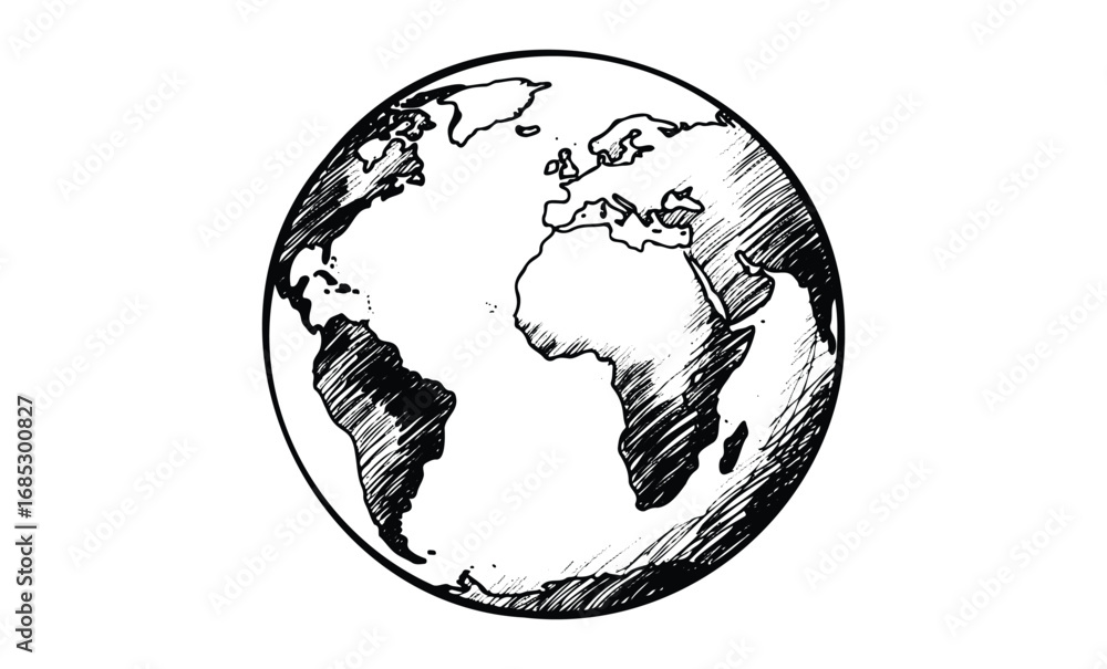 Obraz premium Hand-drawn black and white sketch of earth globe showing continents with detailed shading. Vector retro hand drawn illustration