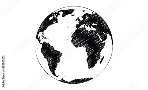 Black and white sketched world map globe with continents. Vector retro hand drawn illustration