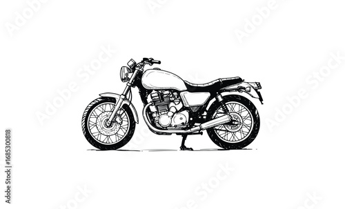 Classic vintage motorcycle illustration in black and white. Vector retro hand drawn illustration