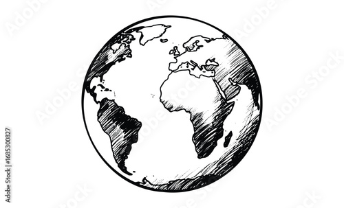 Hand-drawn black and white sketch of earth globe showing continents with detailed shading. Vector retro hand drawn illustration
