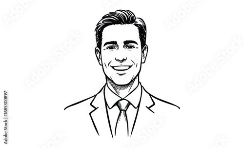 Smiling male portrait in suit hand-drawn line art illustration. Vector retro hand drawn illustration
