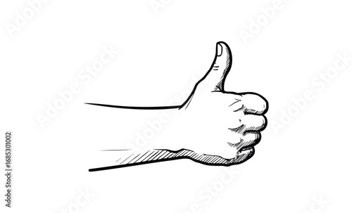 Sketch of a hand showing thumbs up gesture in black and white. Vector retro hand drawn illustration