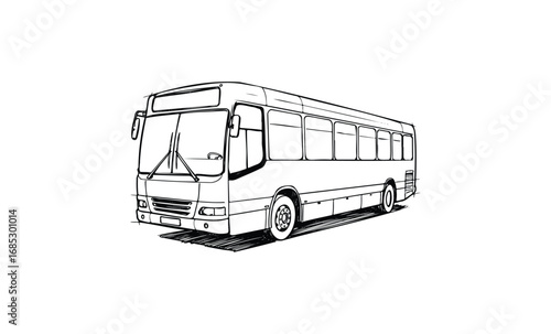 Line art of modern passenger city bus from side view. Vector retro hand drawn illustration