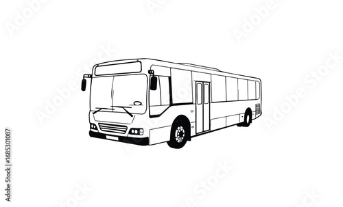 Black and white outline of a modern city bus. Vector retro hand drawn illustration