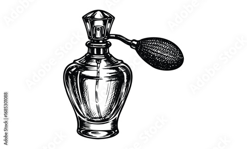 Vintage perfume bottle with atomizer illustration in black and white. Vector retro hand drawn illustration