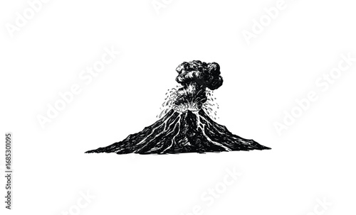 Illustration of an erupting volcano with ash cloud and lava flowing. Vector retro hand drawn illustration