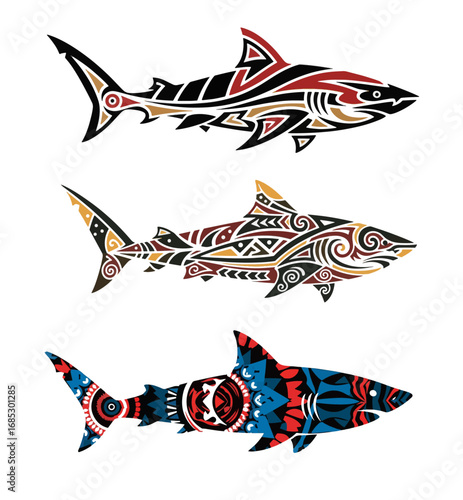 Set of shark Illustration Silhouette Tribune Desing  transparent background | Native American Day Theme 