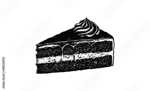 Detailed black and white illustration of a layered chocolate cake slice with frosting. Vector retro hand drawn illustration