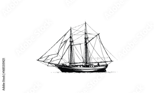 Detailed black and white diagram of a vintage sailing ship with full sails and rigging. Vector retro hand drawn illustration