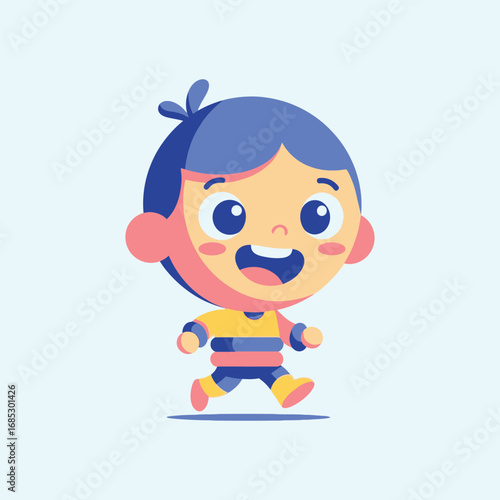 Happy young boy running happily in a park on a bright sunny day, radiating joy and carefree energy with his playful stride and cheerful expression.