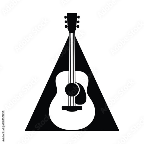 Minimalist black and white illustration of an acoustic guitar placed within a triangular shape, symbolizing music, creativity, and artistic expression