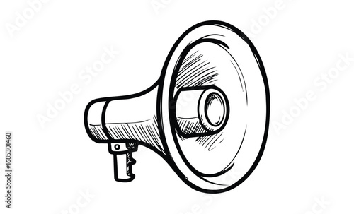 Black and white sketch of a megaphone drawing with detailed lines. Vector retro hand drawn illustration