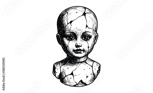 Drawing of cracked doll head with detailed features in black and white. Vector retro hand drawn illustration