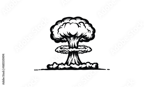 Black and white artistic mushroom cloud explosion illustration. Vector retro hand drawn illustration
