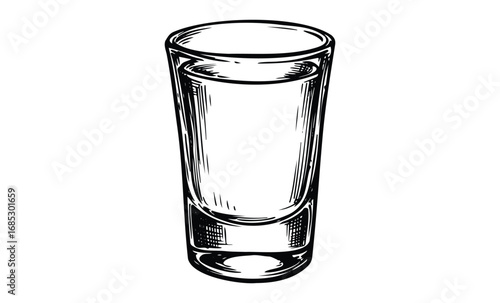 Black and white sketch of an empty shot glass. Vector retro hand drawn illustration