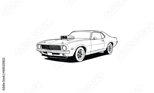 Vintage muscle car line art with hood scoop and classic design. Vector retro hand drawn illustration