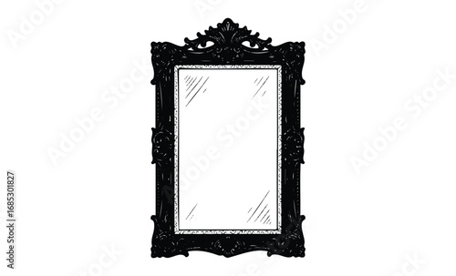 Intricately designed baroque style mirror frame with ornate details. Vector retro hand drawn illustration