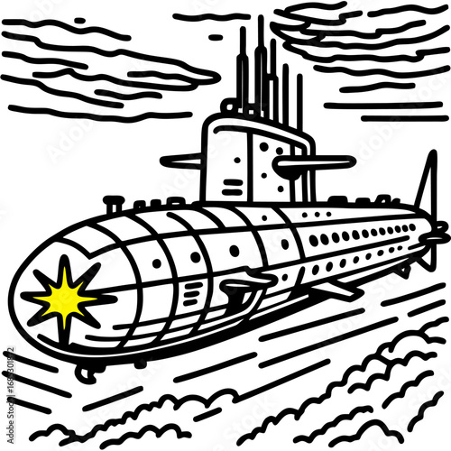 Submarine Moving Through Water with Explosion Line Art Vector