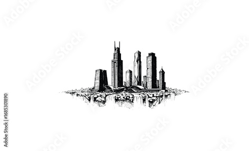 Futuristic urban cityscape with skyscrapers and waterfalls. Vector retro hand drawn illustration