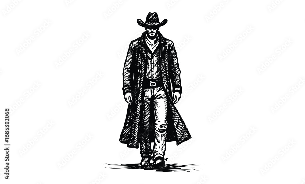 Fototapeta premium Young caucasian male cowboy in hat and long coat walking confidently. Vector retro hand drawn illustration