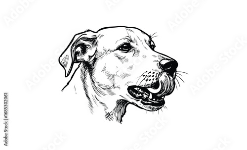 Sketch of a dog's head licking nose with curious expression. Vector retro hand drawn illustration