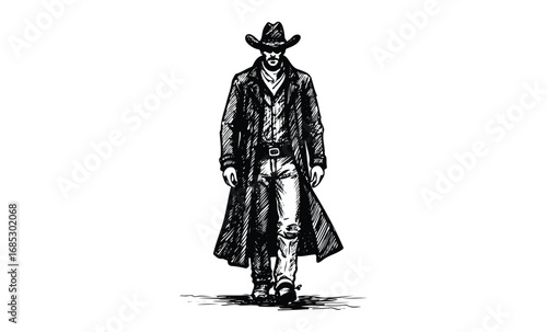 Young caucasian male cowboy in hat and long coat walking confidently. Vector retro hand drawn illustration