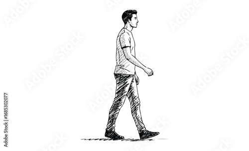 Sketch of young caucasian male walking in casual attire. Vector retro hand drawn illustration