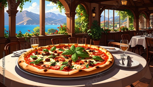 Pizza in a scenic outdoor restaurant
